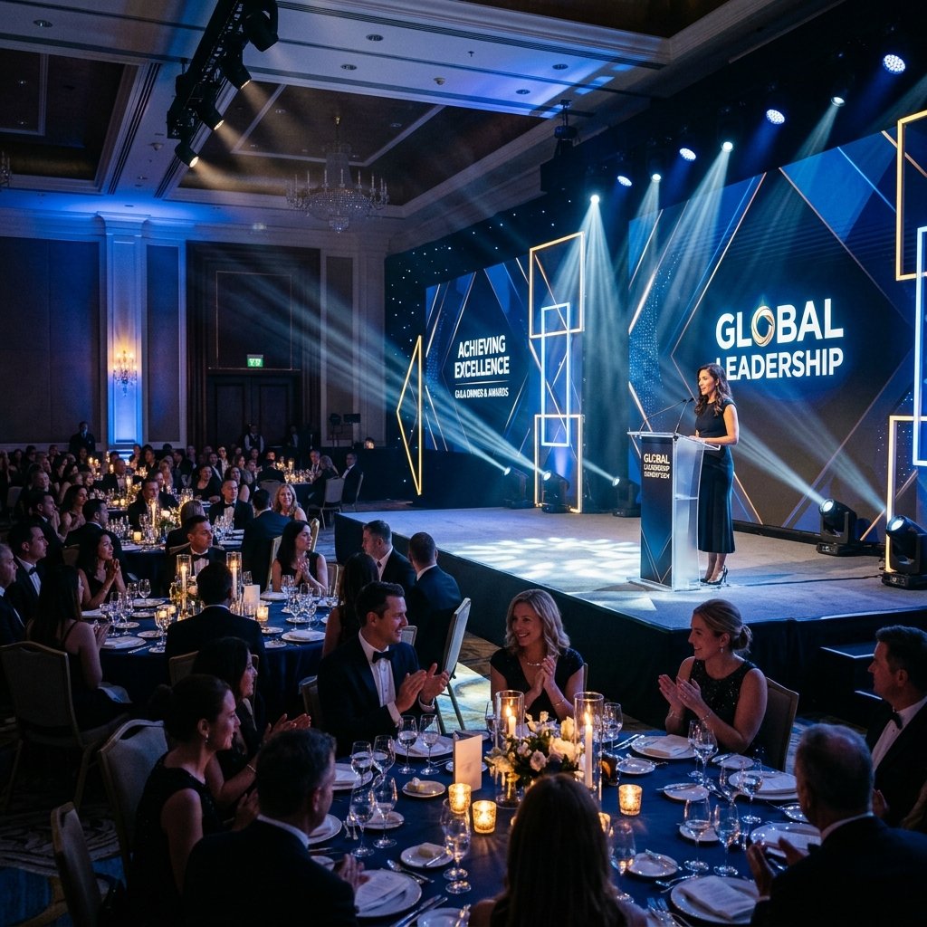 Corporate gala setup with conference stage and guest seating