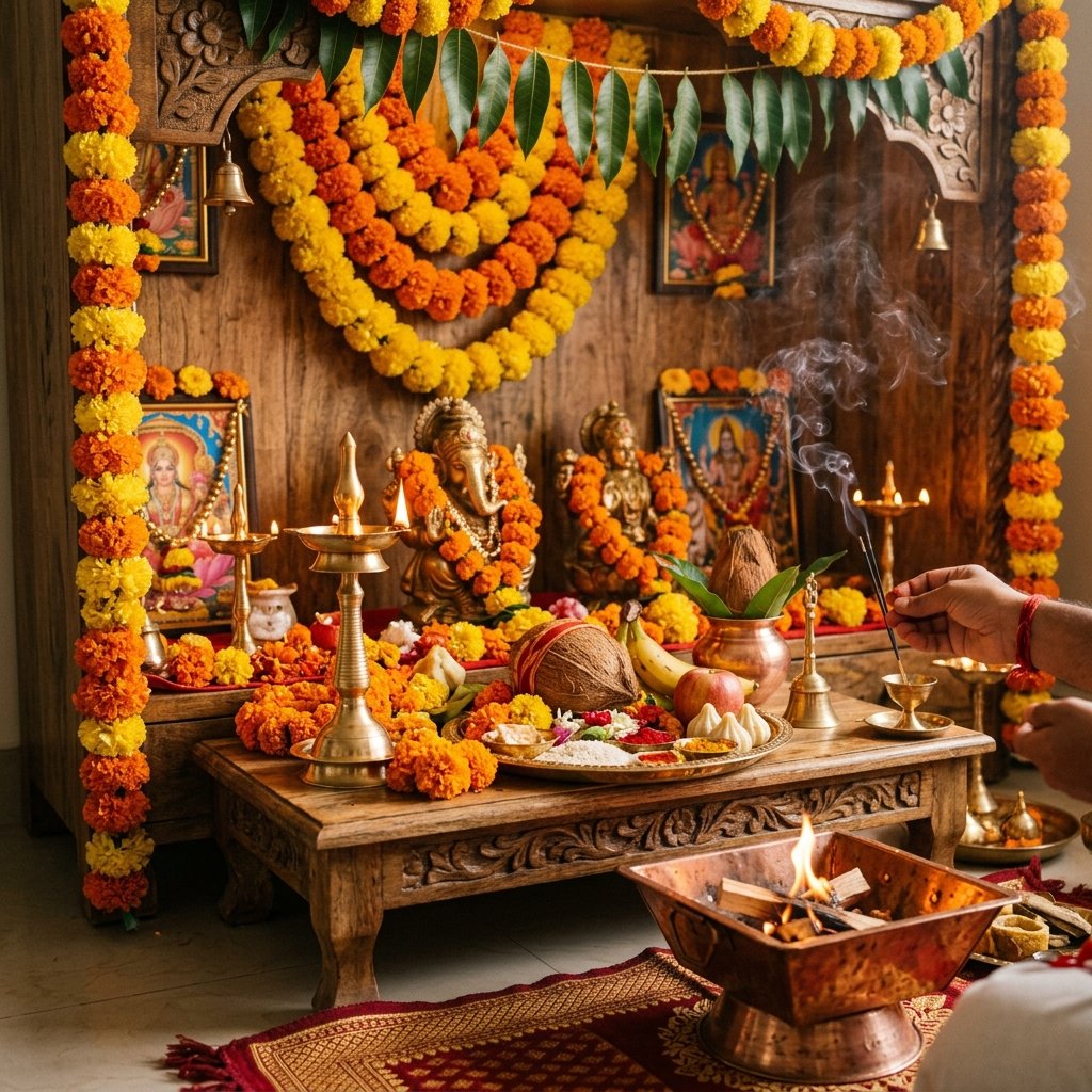 Traditional Puja setup with marigold flowers